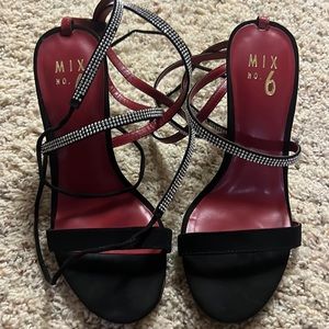 Worn once black velvet heels with diamond straps brand is Mix no.6